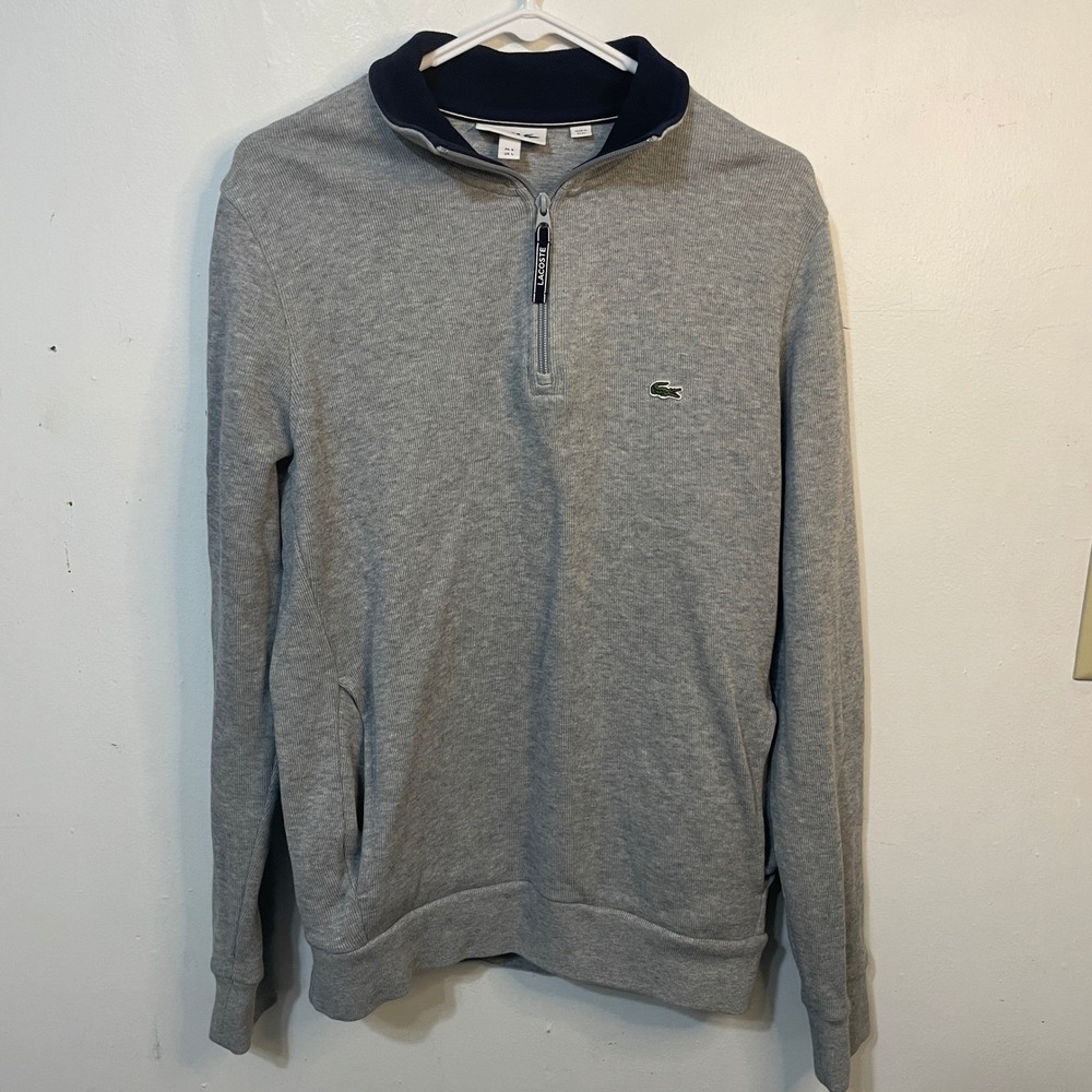 Lacoste Men Gray Quarter Zip Pullover Ribbed Long Sleeve Size L